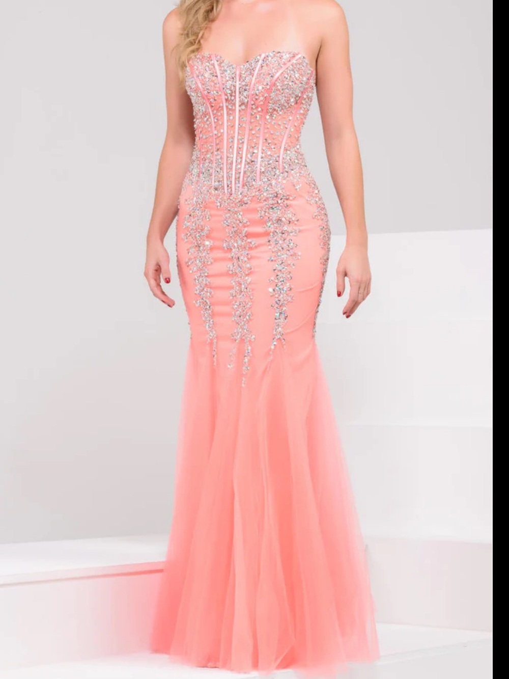 Jovani Coral Beaded Strapless Prom Gown
